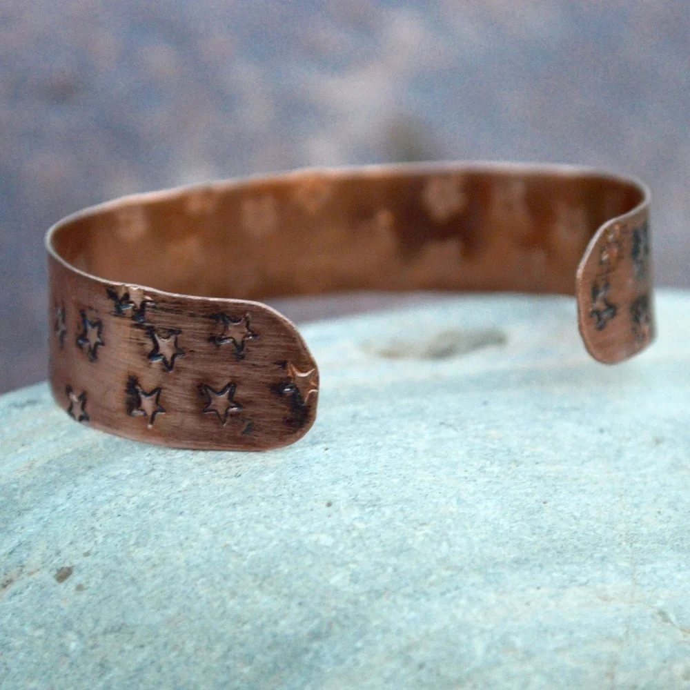 Solid Copper Cuff Bracelet Star Stars Mens Unisex